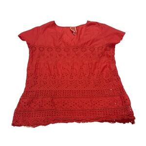 Johnny Was Women’s Medium Orange Eyelet Short Sleeve Blouse Vacation Floral